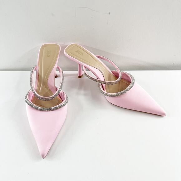 ZARA Pointed Toe Rhinestone Trim Mule Kitten Heel Shoes Pink 40 / 10 - Picture 2 of 8